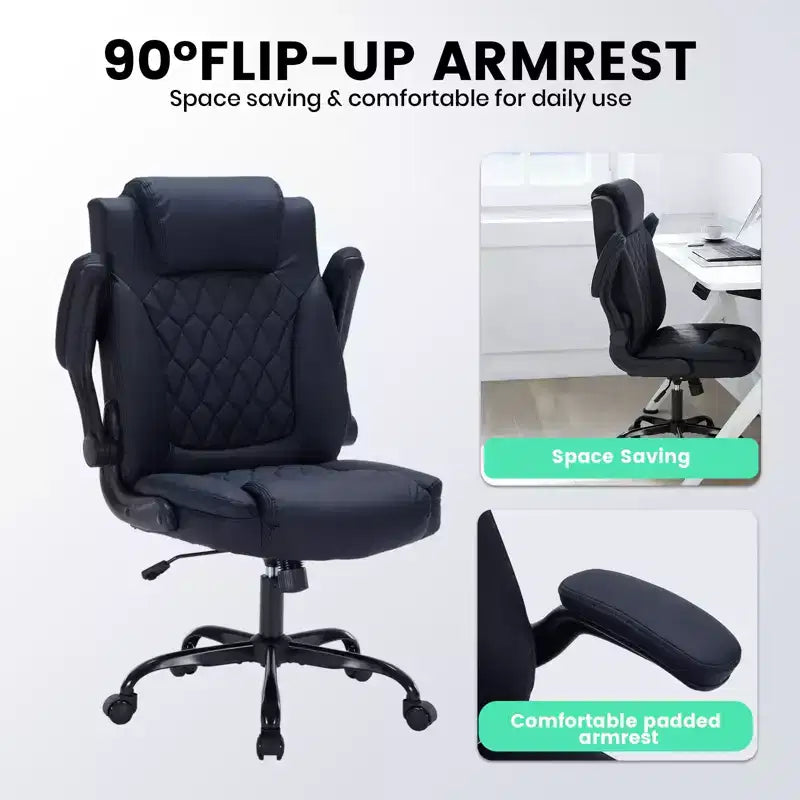 Sedia da ufficio direzionale in pelle, sedia da scrivania ergonomica per carichi pesanti da 158 kg con supporto lombare, braccioli imbottiti ribaltabili, blocco reclinazione e rotazione a 360°
