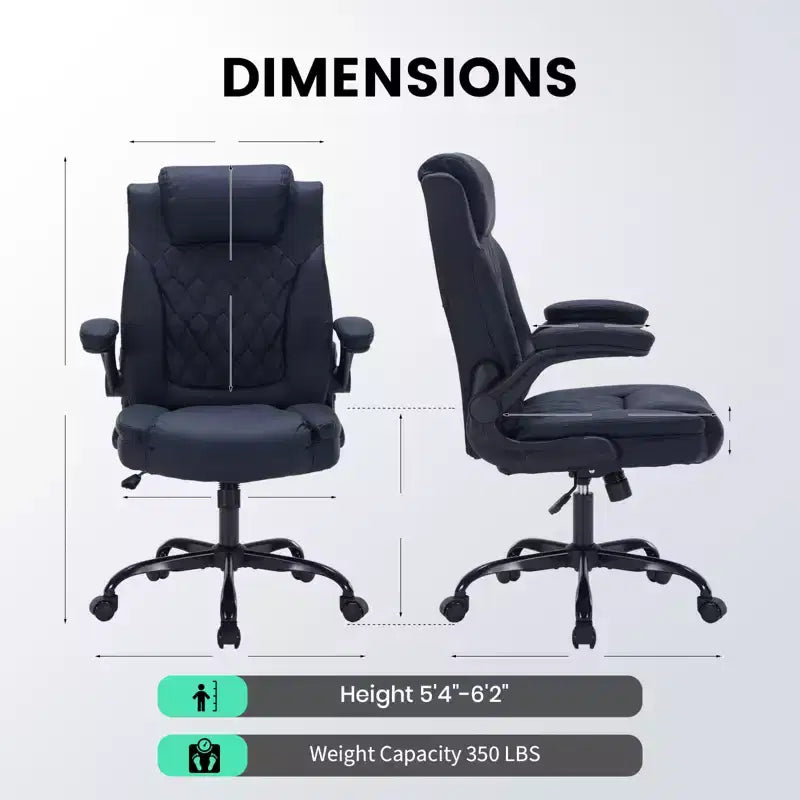 Sedia da ufficio direzionale in pelle, sedia da scrivania ergonomica per carichi pesanti da 158 kg con supporto lombare, braccioli imbottiti ribaltabili, blocco reclinazione e rotazione a 360°