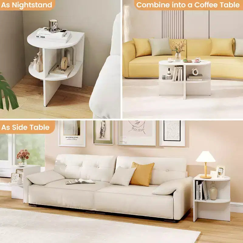 Tavolino consolle semicircolare Costway, a 2 ripiani, comodino in legno con mensole aperte, bianco