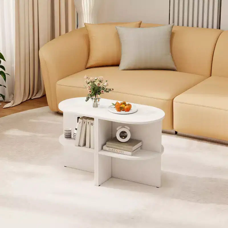 Tavolino consolle semicircolare Costway, a 2 ripiani, comodino in legno con mensole aperte, bianco