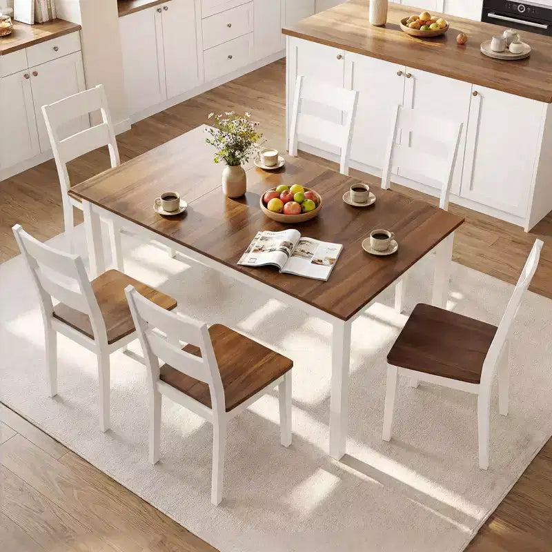 Tavolo da pranzo rettangolare Costway da 152 cm con gambe in legno massiccio di gomma per cucina sala da pranzo, marrone e bianco