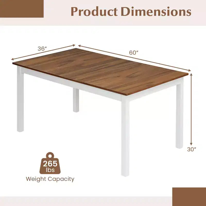 Tavolo da pranzo rettangolare Costway da 152 cm con gambe in legno massiccio di gomma per cucina sala da pranzo, marrone e bianco