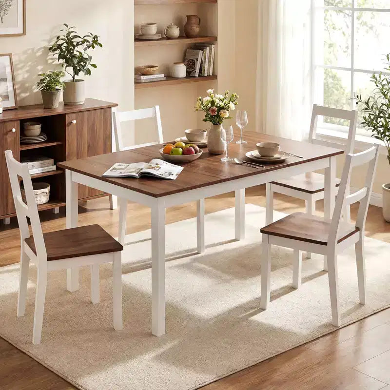 Tavolo da pranzo rettangolare Costway da 152 cm con gambe in legno massiccio di gomma per cucina sala da pranzo, marrone e bianco