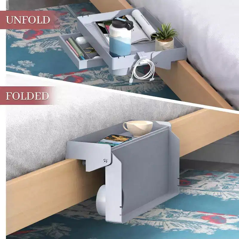 ACOINEL Mensola da comodino per letto, mensola pieghevole a clip per letto a castello con cassetto, portabicchieri e portacavi, bianca