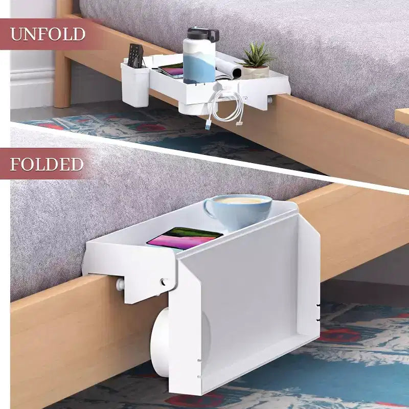 ACOINEL Mensola da comodino per letto, mensola pieghevole a clip per letto a castello con cassetto, portabicchieri e portacavi, bianca