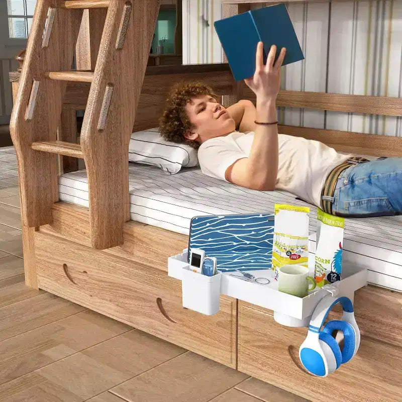 ACOINEL Mensola da comodino per letto, mensola pieghevole a clip per letto a castello con cassetto, portabicchieri e portacavi, bianca