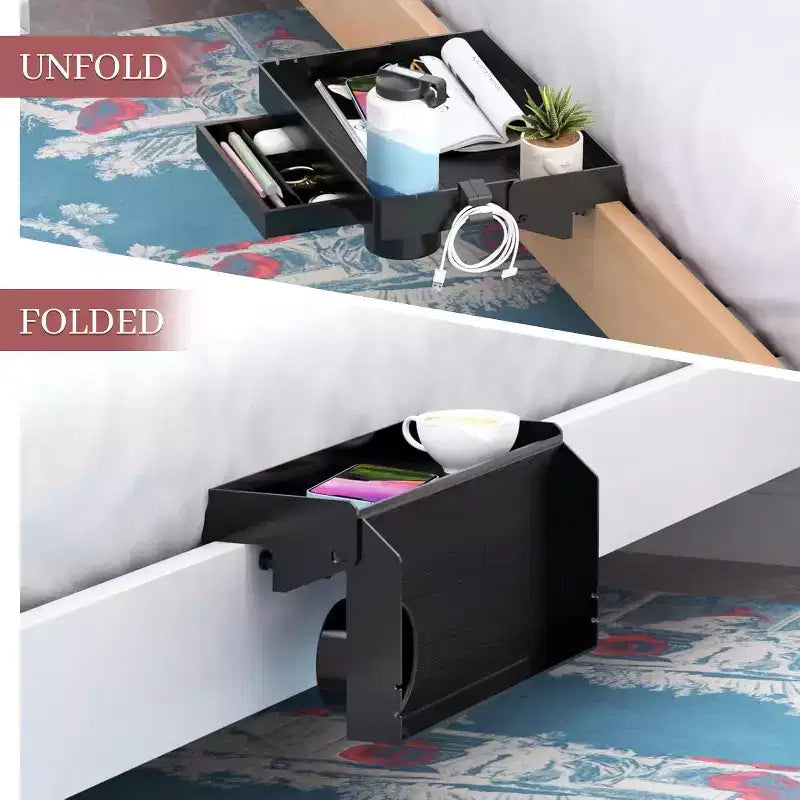 ACOINEL Mensola da comodino per letto, mensola pieghevole a clip per letto a castello con cassetto, portabicchieri e portacavi, bianca