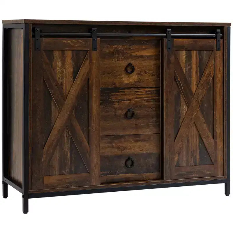 Farmhouse Buffet Cabinet with Sliding Barn Doors - Sideboard with 3 Drawers and Adjustable Shelves