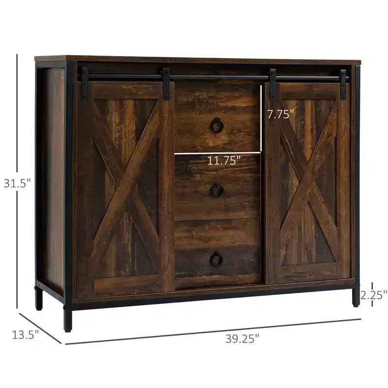 Mobile Buffet Rustico con Ante Scorrevoli a Granaio - Credenza con 3 Cassetti e Ripiani Regolabili