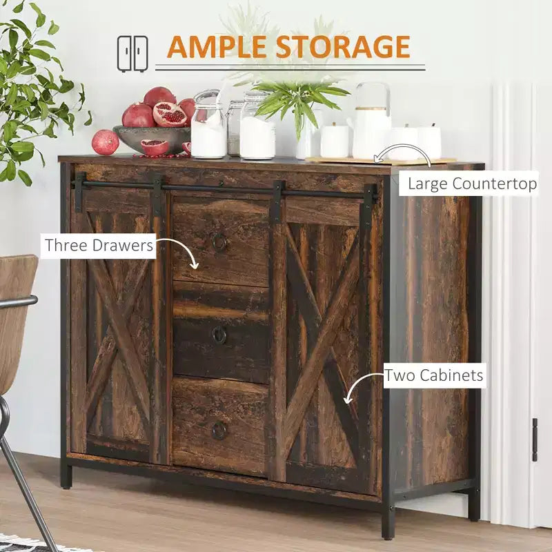 Mobile Buffet Rustico con Ante Scorrevoli a Granaio - Credenza con 3 Cassetti e Ripiani Regolabili