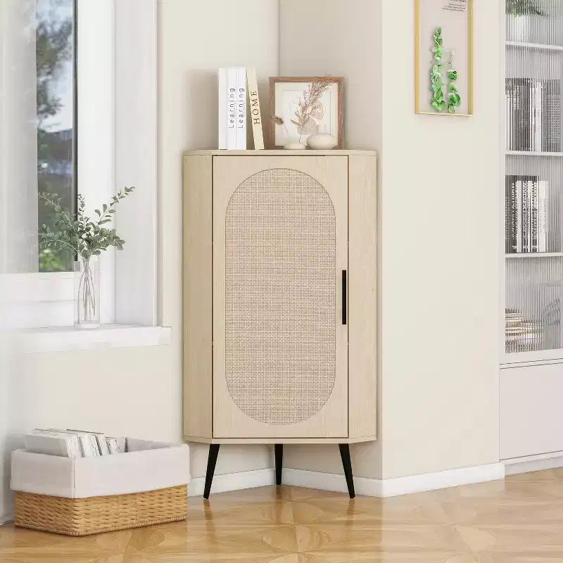JVNOXK 15-inch Natural Rattan Corner Cabinet with Adjustable Shelves Freestanding Corner Storage Unit for Living Rooms , Natural Finish
