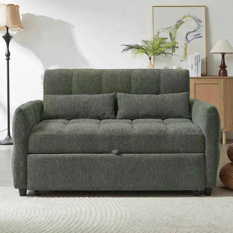 MAYEERTY 52.8 Loveseat Sofa Pull-out Sofa Bed Tufted Sleeper Sofa with Adjustable Backrest Two Lumbar Pillows for Living Room Green