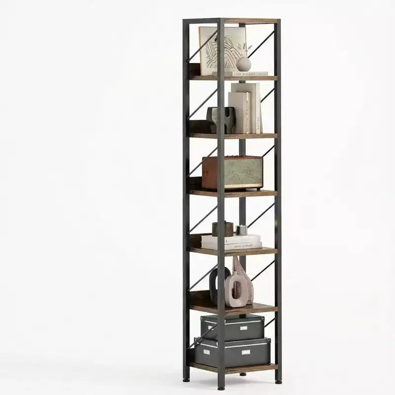 GustoWave Bookshelf Narrow Bookcase 7 Tier Standing Bookshelves Metal Frame Rustic Display Racks for Bedroom, Living Room, Home Office