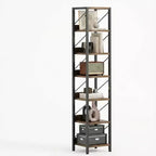 GustoWave Bookshelf Narrow Bookcase 7 Tier Standing Bookshelves Metal Frame Rustic Display Racks for Bedroom, Living Room, Home Office
