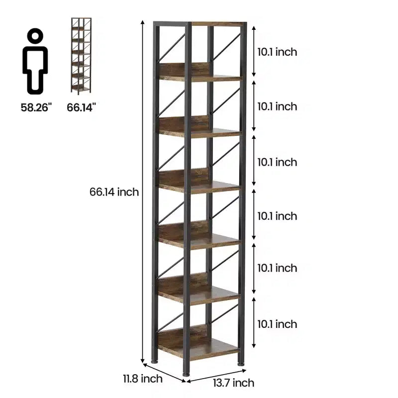 Libreria stretta GustoWave, 7 ripiani, scaffali in piedi con struttura in metallo, scaffali espositivi rustici per camera da letto, soggiorno, ufficio domestico