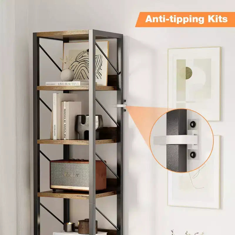 Libreria stretta GustoWave, 7 ripiani, scaffali in piedi con struttura in metallo, scaffali espositivi rustici per camera da letto, soggiorno, ufficio domestico