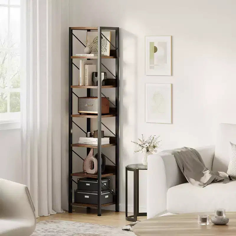 Libreria stretta GustoWave, 7 ripiani, scaffali in piedi con struttura in metallo, scaffali espositivi rustici per camera da letto, soggiorno, ufficio domestico