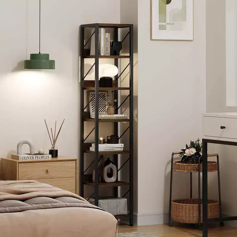 Libreria stretta GustoWave, 7 ripiani, scaffali in piedi con struttura in metallo, scaffali espositivi rustici per camera da letto, soggiorno, ufficio domestico