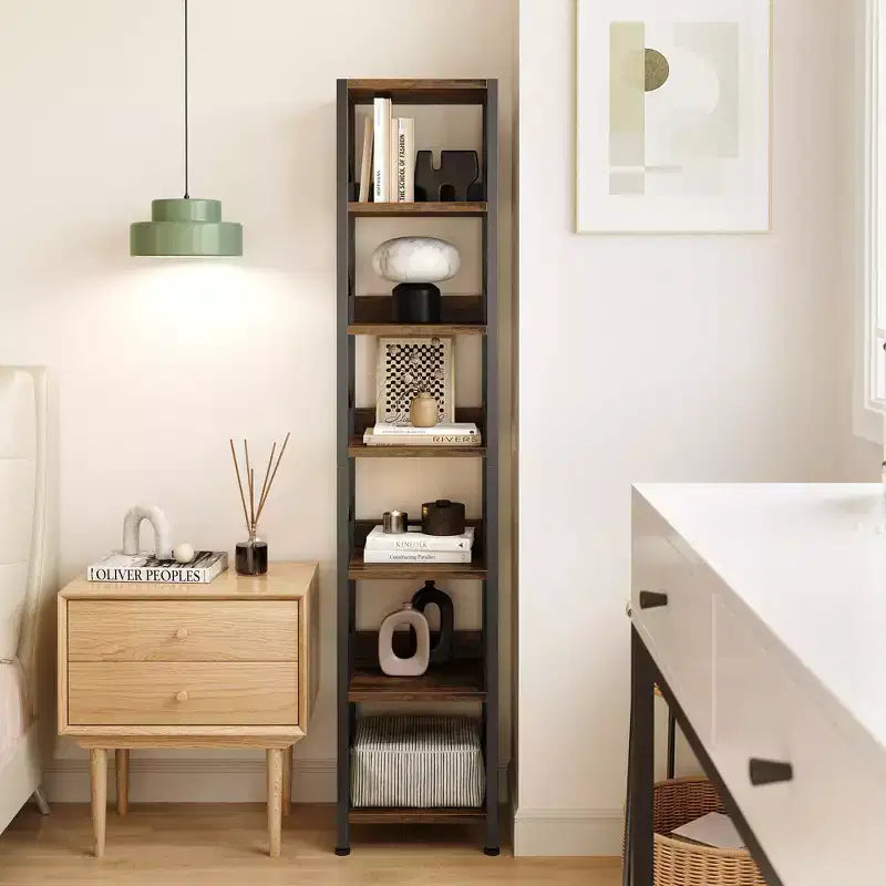 Libreria stretta GustoWave, 7 ripiani, scaffali in piedi con struttura in metallo, scaffali espositivi rustici per camera da letto, soggiorno, ufficio domestico
