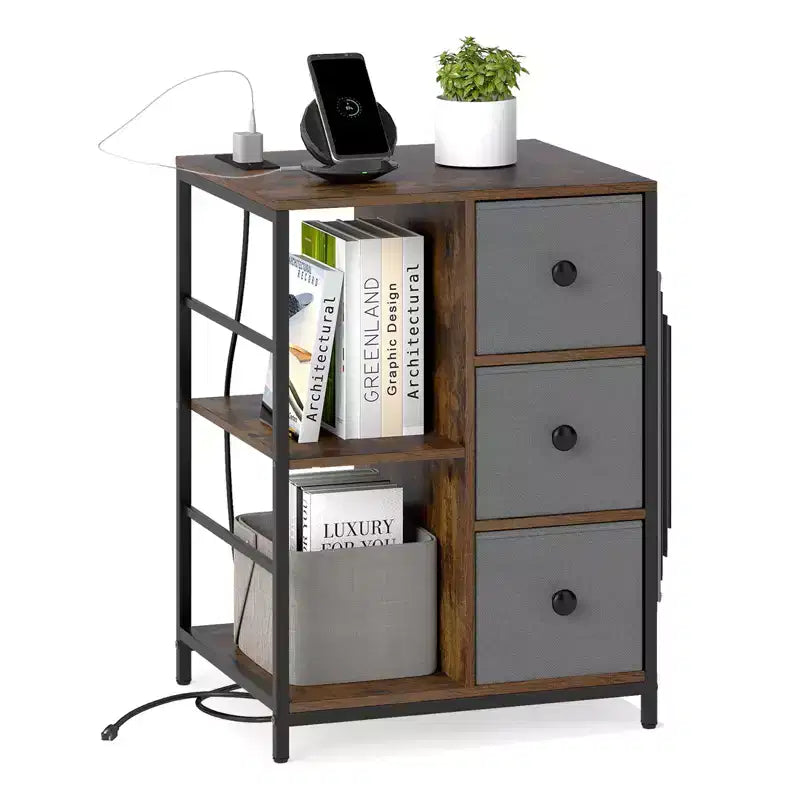 Costway Nightstand 3-Tier Storage End Table Bedside Table with Charging Station & Shelf