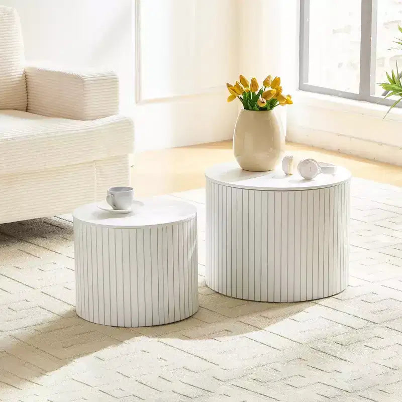 Set di 2 tavolini da caffè e tavolini laterali rotondi moderni con vano portaoggetti nascosto, nessun assemblaggio richiesto, eleganti tavoli d'accento per soggiorno o sala-Panipeachy