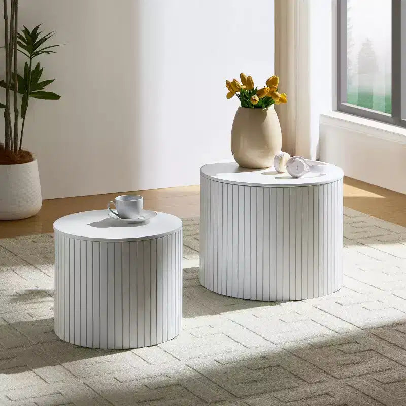 Set di 2 tavolini da caffè e tavolini laterali rotondi moderni con vano portaoggetti nascosto, nessun assemblaggio richiesto, eleganti tavoli d'accento per soggiorno o sala-Panipeachy