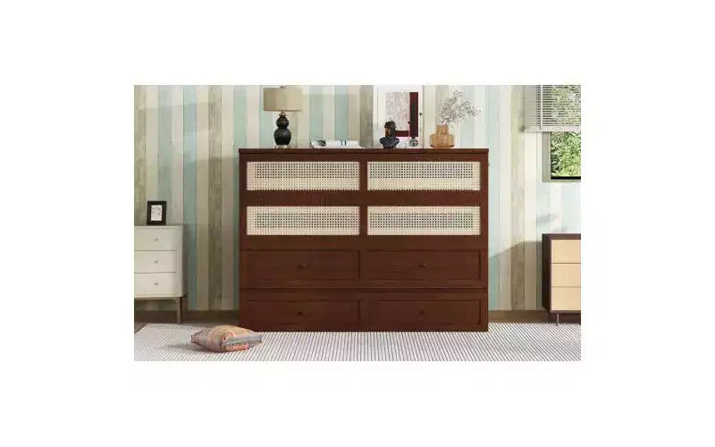 JVNOXK 80-inch Queen Size Murphy Bed, Pine Cabinet Bed with Wicker Accents, Integrated Storage Drawers, Suitable for Bedrooms, Walnut