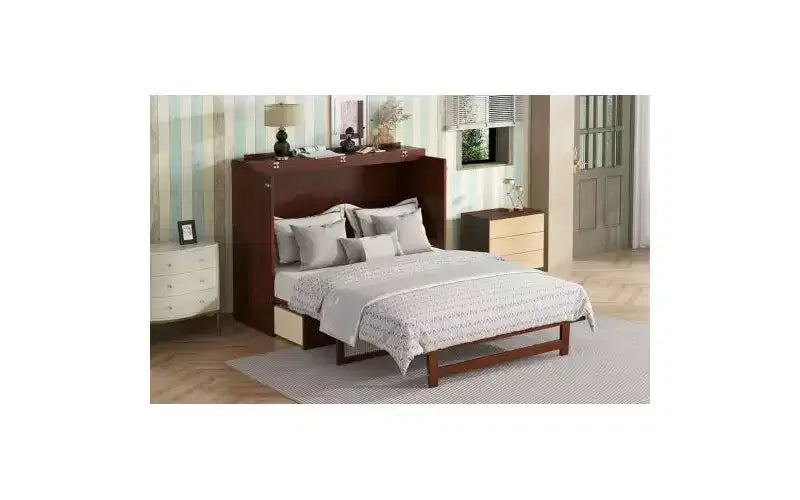 JVNOXK Letto a scomparsa Queen Size da 80 pollici, mobile a scomparsa in pino con inserti in vimini, cassetti portaoggetti integrati, adatto per camere da letto, noce