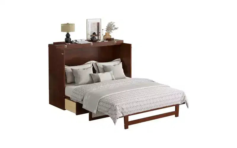 JVNOXK Letto a scomparsa Queen Size da 80 pollici, mobile a scomparsa in pino con inserti in vimini, cassetti portaoggetti integrati, adatto per camere da letto, noce