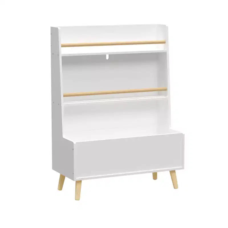 VIYET 37 Kids Bookshelf & Toy Organizer - White MDF+Pine Legs, 2 Shelves, Storage Bin, Anti-Tipping
