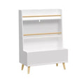 VIYET 37 Kids Bookshelf & Toy Organizer - White MDF+Pine Legs, 2 Shelves, Storage Bin, Anti-Tipping