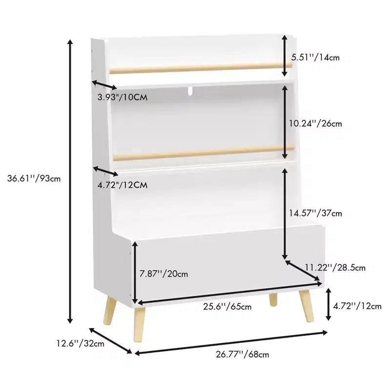 Libreria e Organizzatore Giocattoli per Bambini VIYET 37 - MDF Bianco + Gambe in Pino, 2 Ripiani, Contenitore, Antiribaltamento