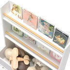 Libreria e Organizzatore Giocattoli per Bambini VIYET 37 - MDF Bianco + Gambe in Pino, 2 Ripiani, Contenitore, Antiribaltamento