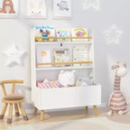 Libreria e Organizzatore Giocattoli per Bambini VIYET 37 - MDF Bianco + Gambe in Pino, 2 Ripiani, Contenitore, Antiribaltamento