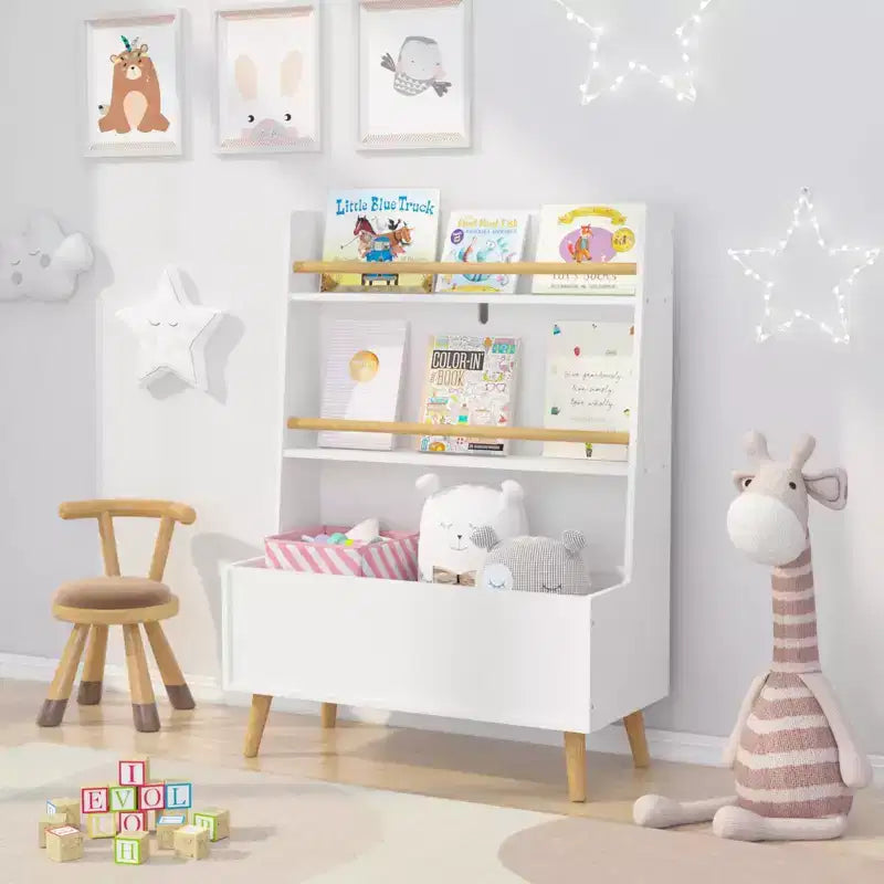 Libreria e Organizzatore Giocattoli per Bambini VIYET 37 - MDF Bianco + Gambe in Pino, 2 Ripiani, Contenitore, Antiribaltamento