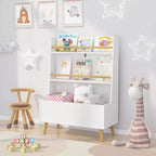 Libreria e Organizzatore Giocattoli per Bambini VIYET 37 - MDF Bianco + Gambe in Pino, 2 Ripiani, Contenitore, Antiribaltamento