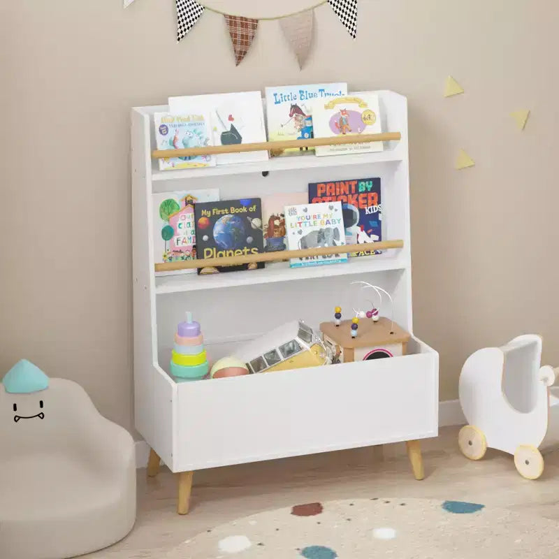 Libreria e Organizzatore Giocattoli per Bambini VIYET 37 - MDF Bianco + Gambe in Pino, 2 Ripiani, Contenitore, Antiribaltamento