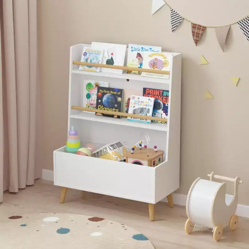 Libreria e Organizzatore Giocattoli per Bambini VIYET 37 - MDF Bianco + Gambe in Pino, 2 Ripiani, Contenitore, Antiribaltamento