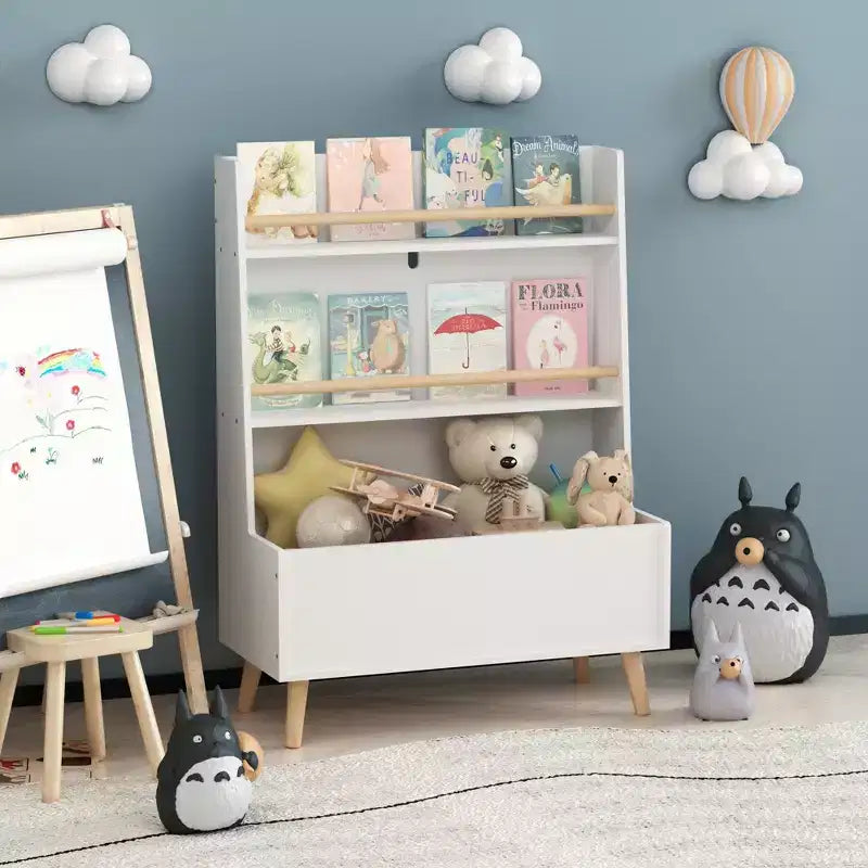 Libreria e Organizzatore Giocattoli per Bambini VIYET 37 - MDF Bianco + Gambe in Pino, 2 Ripiani, Contenitore, Antiribaltamento