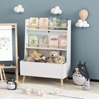 Libreria e Organizzatore Giocattoli per Bambini VIYET 37 - MDF Bianco + Gambe in Pino, 2 Ripiani, Contenitore, Antiribaltamento