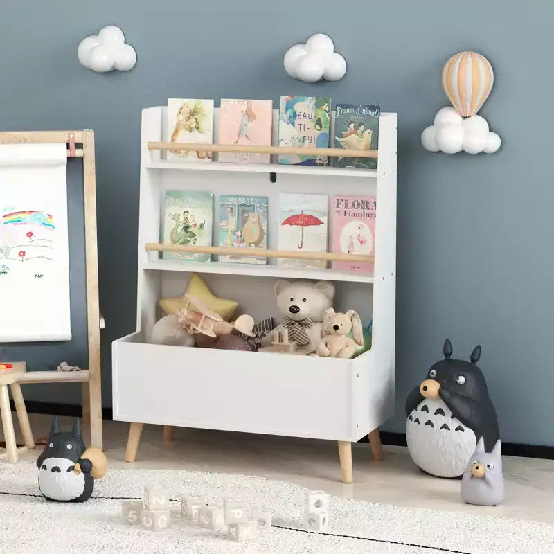 Libreria e Organizzatore Giocattoli per Bambini VIYET 37 - MDF Bianco + Gambe in Pino, 2 Ripiani, Contenitore, Antiribaltamento