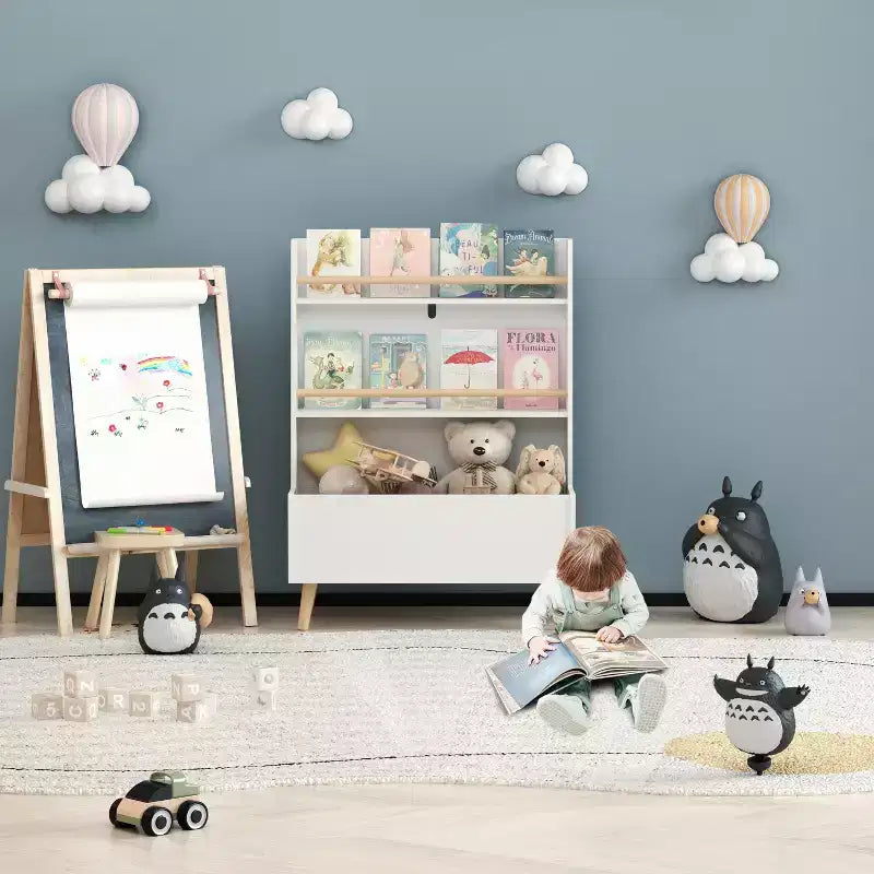 Libreria e Organizzatore Giocattoli per Bambini VIYET 37 - MDF Bianco + Gambe in Pino, 2 Ripiani, Contenitore, Antiribaltamento
