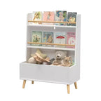 Libreria e Organizzatore Giocattoli per Bambini VIYET 37 - MDF Bianco + Gambe in Pino, 2 Ripiani, Contenitore, Antiribaltamento
