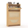 Shoe Cabinet, Entryway Cabinet  Natural Rattan 3-Flip Drawer Narrow Wooden Organizer for Hallway/Apartment