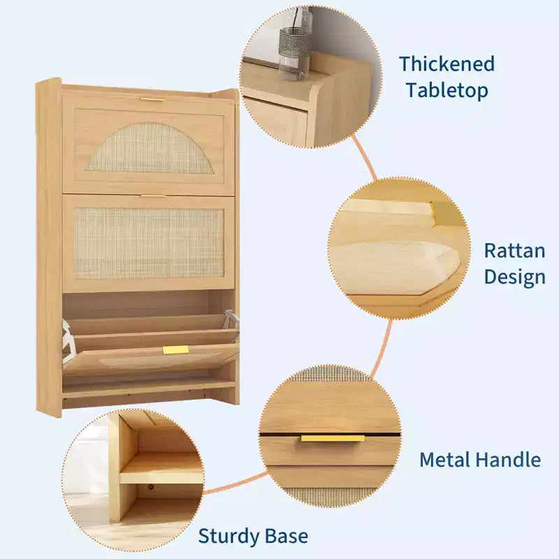 Scarpiera, Mobile da Ingresso in Rattan Naturale con 3 Cassetti a Ribalta, Organizzatore Stretto in Legno per Corridoio/Appartamento
