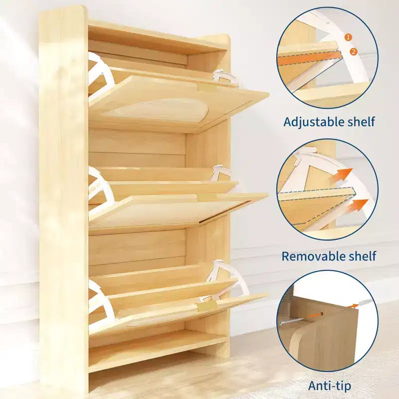Scarpiera, Mobile da Ingresso in Rattan Naturale con 3 Cassetti a Ribalta, Organizzatore Stretto in Legno per Corridoio/Appartamento