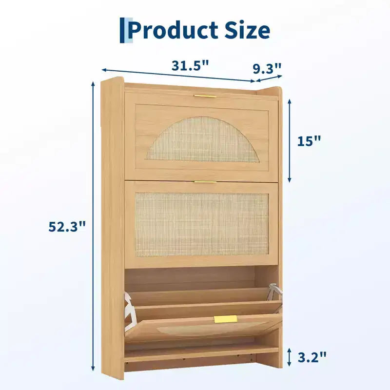 Scarpiera, Mobile da Ingresso in Rattan Naturale con 3 Cassetti a Ribalta, Organizzatore Stretto in Legno per Corridoio/Appartamento