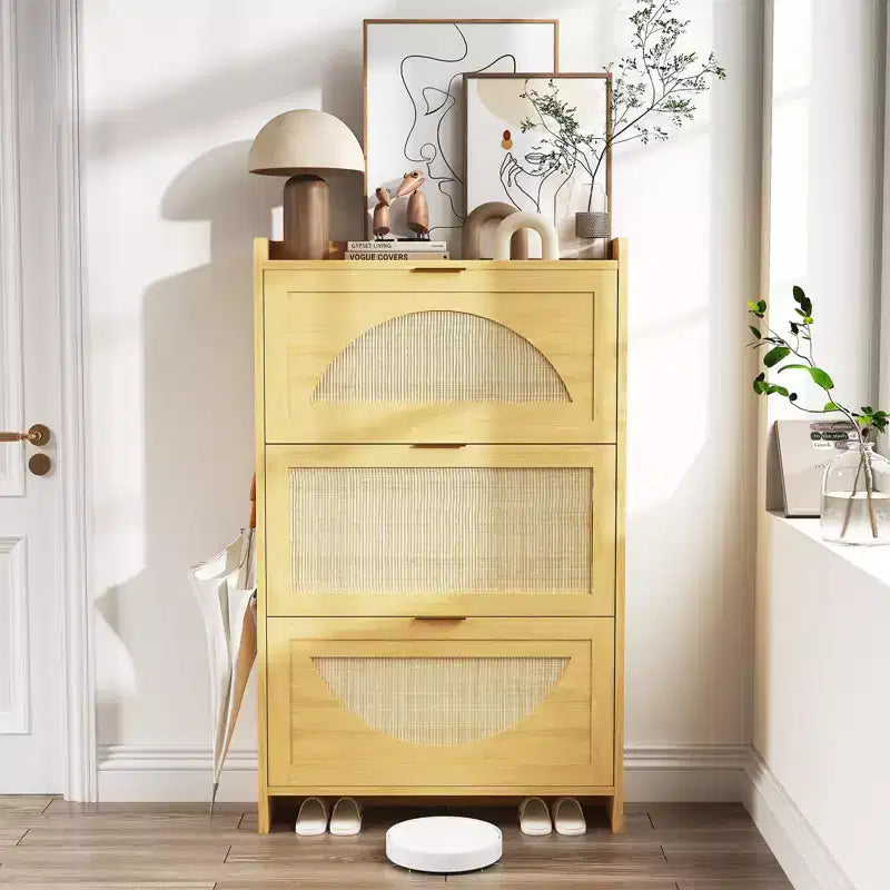 Scarpiera, Mobile da Ingresso in Rattan Naturale con 3 Cassetti a Ribalta, Organizzatore Stretto in Legno per Corridoio/Appartamento