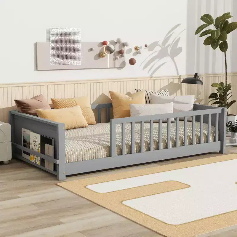 Bellemave Twin Floor Platform Bed with Built-In Book Rack, Guardrails & Sturdy Wood Frame, Space-Saving Design for Kids Room