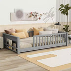 Bellemave Twin Floor Platform Bed with Built-In Book Rack, Guardrails & Sturdy Wood Frame, Space-Saving Design for Kids Room